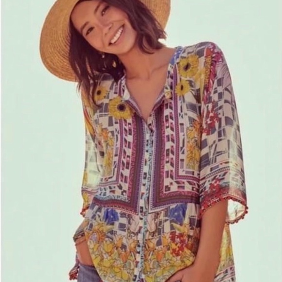 Johnny Was Theda Silk Tunic Top Sunflower Yellow Purple Boho 1X - Picture 1 of 8